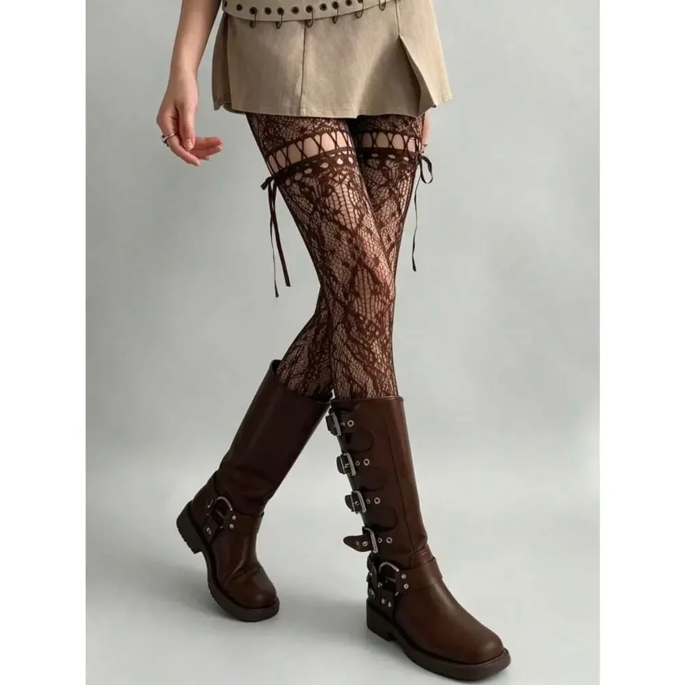 NWT Chocolate Brown Fishnet Tights w/ Ribbons